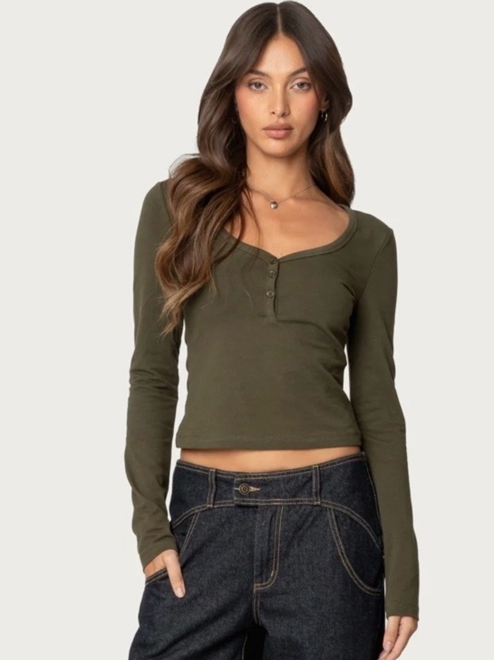Edikted Olive Green Long-Sleeve Leah Henley Top